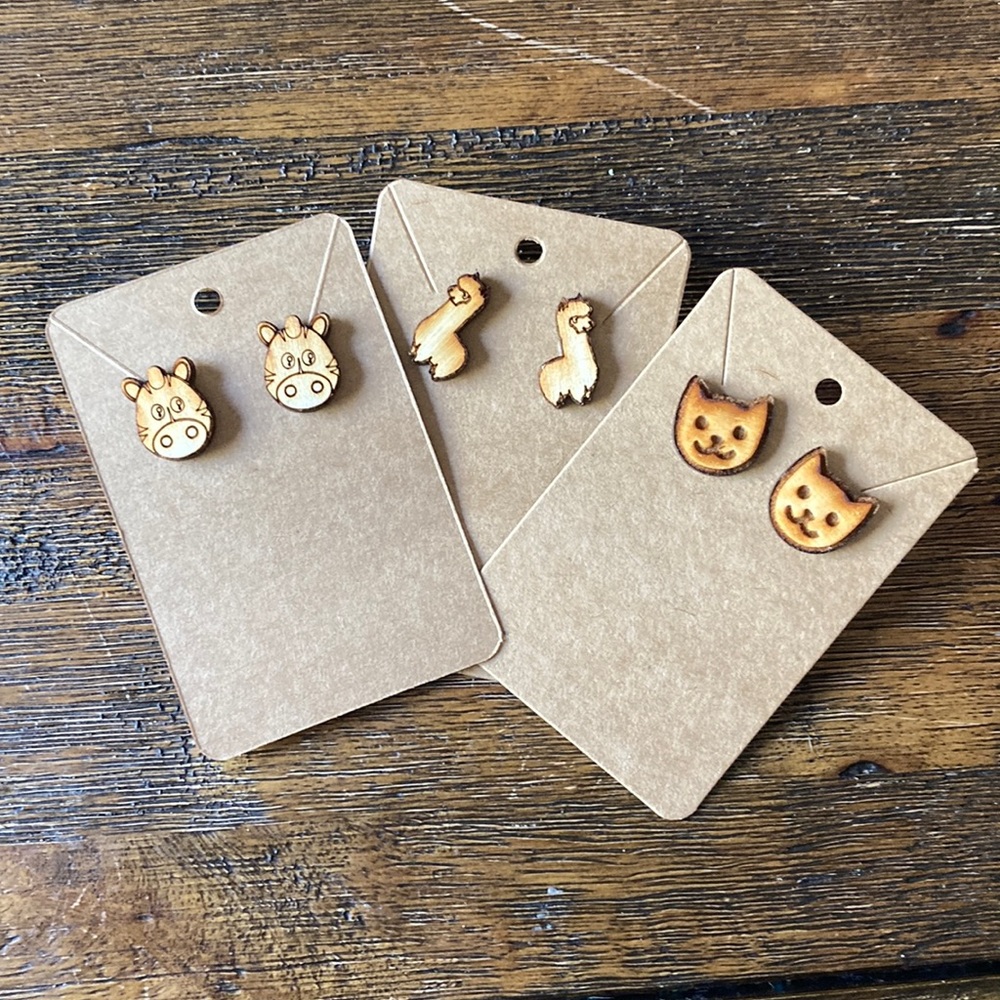Set of 3 homemade wood earrings cats llamas zebras